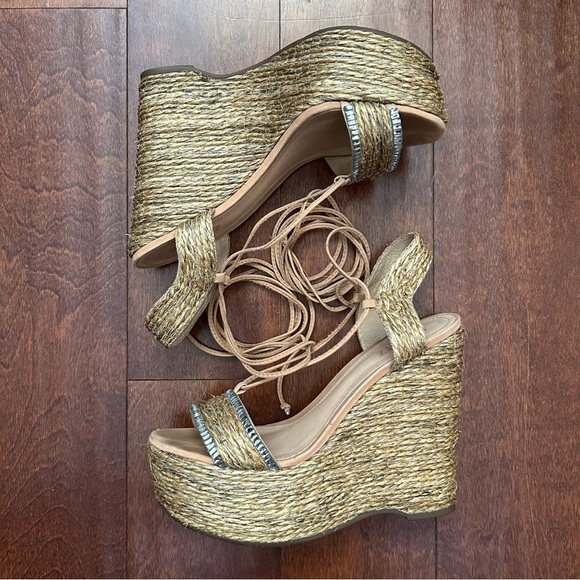 Schutz Natural Desert Aveline Lace Up Wedge Espadrilles Sandals Size 8.5 - Picture 2 of 16